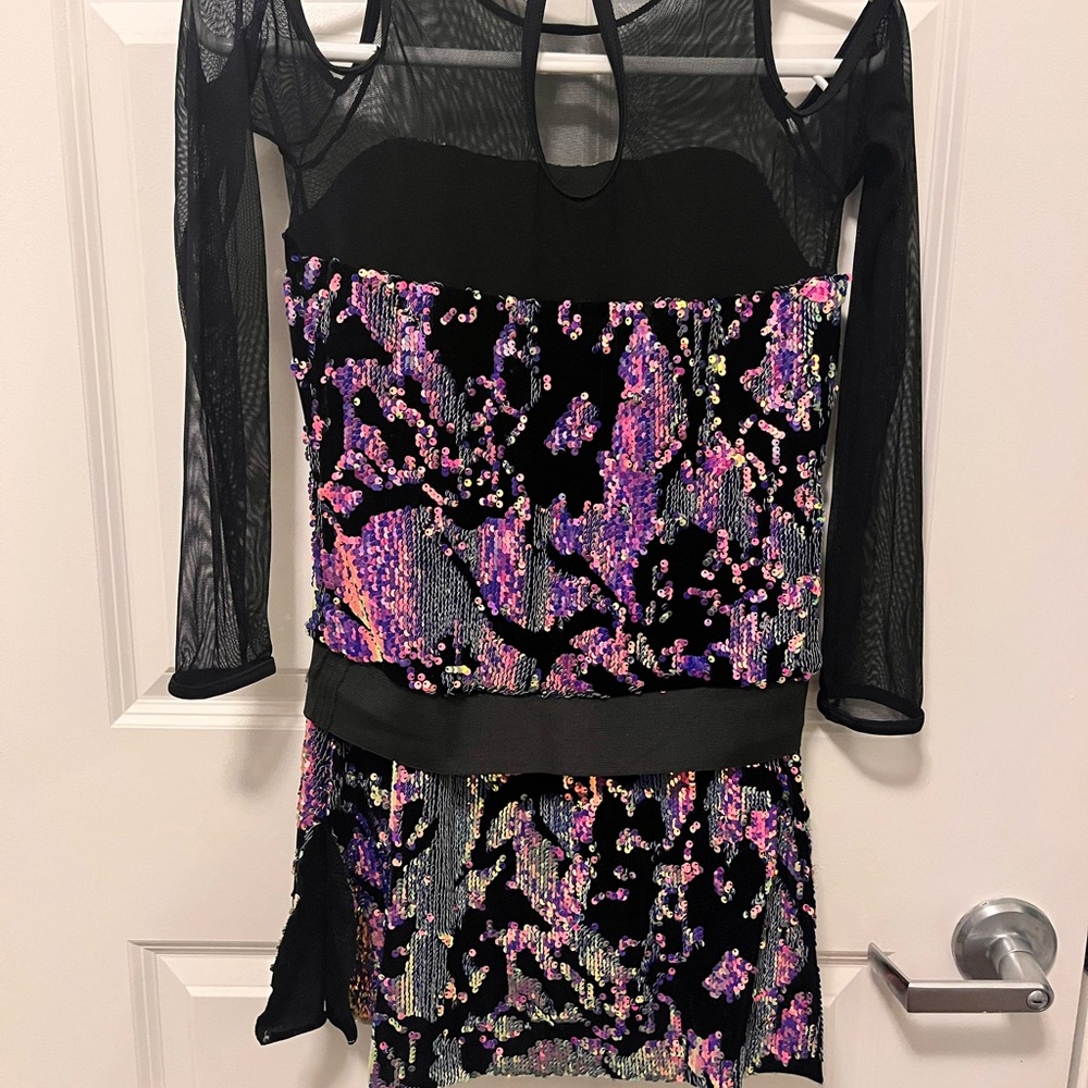 Black and Purple Sequin Dress with Mesh Sleeves